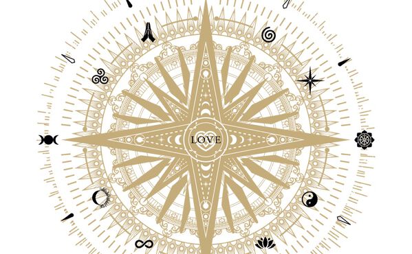 Eine Illustration des Rituals Kompasses mit Liebe im Zentrum und spirituellen Symbolen um einen goldenen Sternenhimmel.